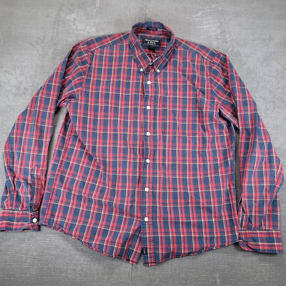 Abercrombie & Fitch Y2K Mens Lg Muscle Fit Plaid Button Down Shirt Red Navy Blue